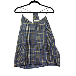 Newbury Kustom Tank Top Womens Large Gray Yellow Plaid Racerback Spaghetti Strap